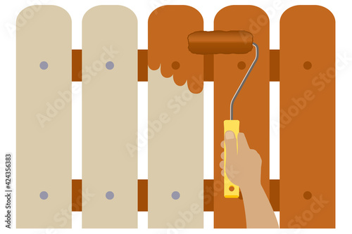 Hand holding roller with yellow handle paints wooden fence in brown, some of  boards are painted, one has paint stains on it, vector illustration. Concept: painting works, renovation of structures.