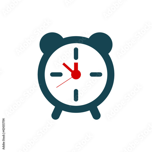 Analog alarm clock icon. Clock showing five minutes to twelve. Deadline concept. Wake up time. Blue clock with red handles. Last minute offer. Design element. Vector illustration, flat, clip art