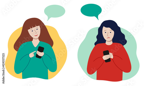 Joyful or sad womens holding a phone to texting, read news, chatting, play games. Pastime in social networks. Internet addiction. Person using gadget. Girl with smartphone. Isolated flat vector.