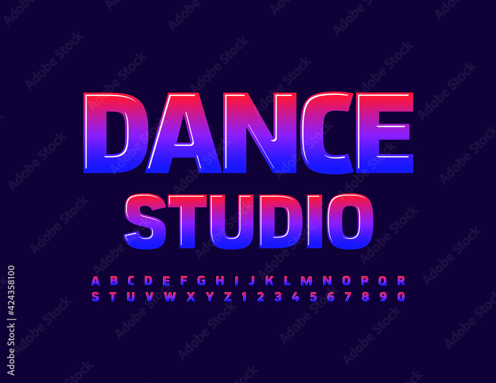 Vector bright banner Dance Studio. Creative glossy Font. Gradient Alphabet Letters and Numbers set