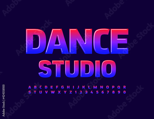 Vector bright banner Dance Studio. Creative glossy Font. Gradient Alphabet Letters and Numbers set