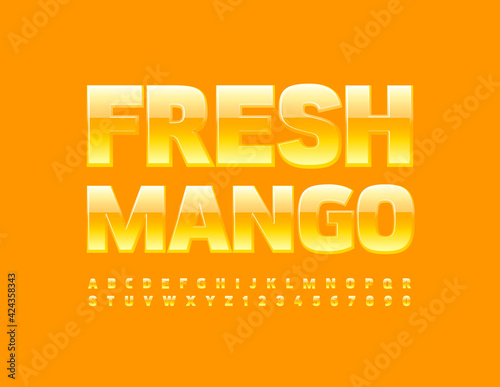 Vector bright Sign Fresh Mango. Modern Yellow Font. Artistic Alphabet Letters and Numbers