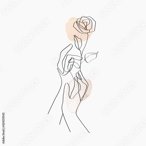 Minimal line art hands floral beige pastel aesthetic illustration