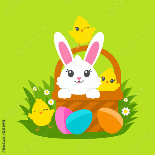 Happy Easter. Cheerful rabbit in a basket with painted eggs on the green grass. Cute chickens. Colored flat vector illustration isolated on green background. Cartoon character.