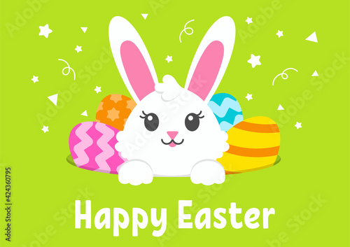Happy Easter. Cheerful rabbit in a hole with painted eggs on the green grass. Colored flat vector illustration isolated on green background. Cartoon character.