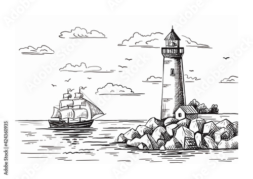 A lighthouse on a rocky shore and a ship on the horizon. Hand drawn sketch. Vintage style. Black and white vector illustration isolated on white background.