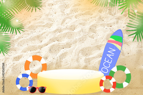 Yellow stand (Podium), swim ring, surfboard, sunglasses and green leaves on sand background. Copy space. 
