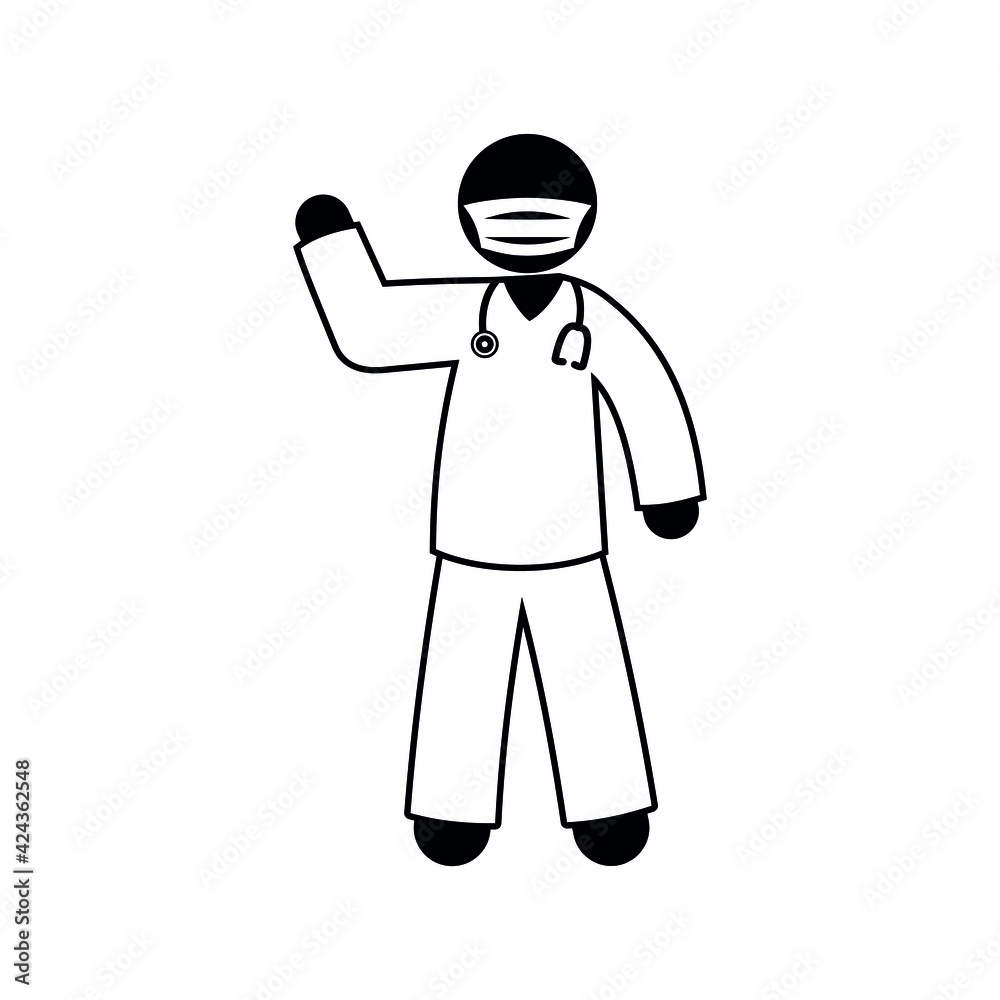 nurse isolated icon, stick figure medical worker, stickman raised his hand up