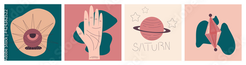 Modern boho palmistry cover for conceptual design. Flat abstract design. Minimal flat linear style. Magic astrology card, drawing a spiritual poster. Palmistry, celestial crystals, and the planet.