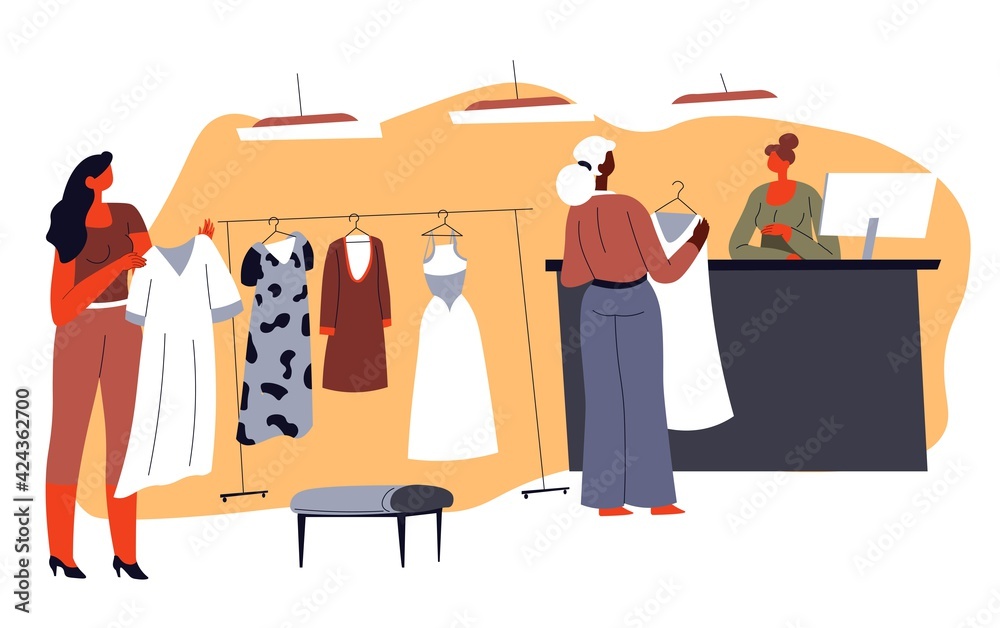 Female character choosing clothes in shopping mall