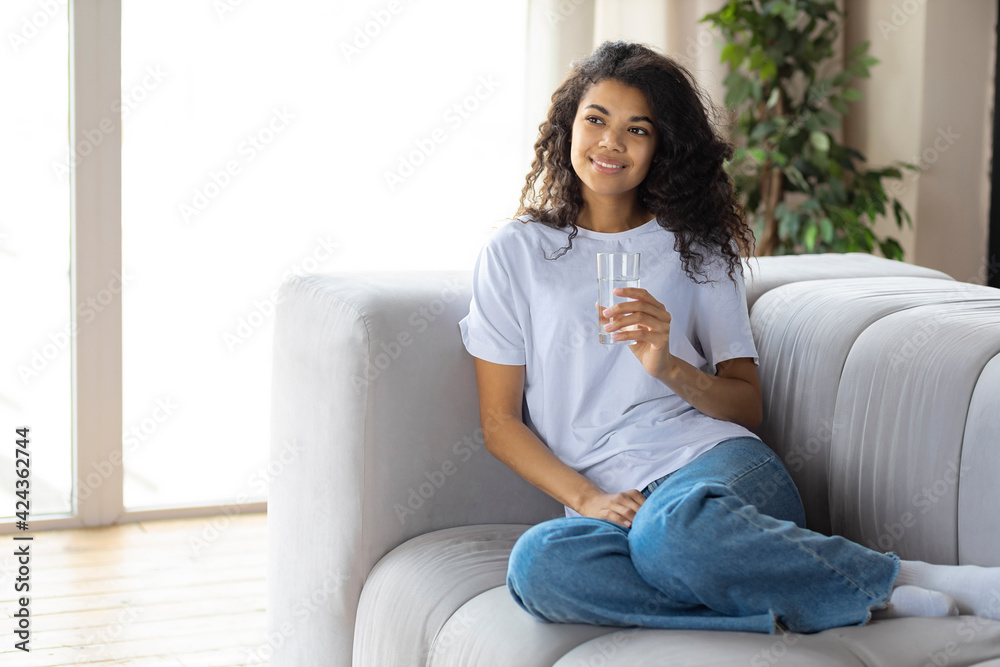 Happy african american smiling young woman sit on couch holding glass of still or mineral water. Healthy lifestyle concept Happy african american smiling young woman sit on couch holding glass of still or mineral water. Healthy lifestyle concept