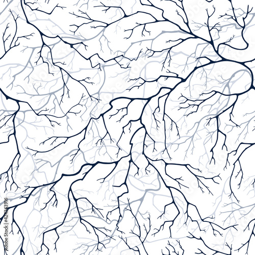 Seamless pattern of branches. Tricolor silhouettes of dry twigs without leaves. Monochrome drawing on an isolated white background.