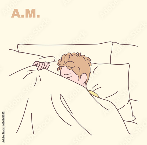 A man is lying in bed and can't fall asleep. hand drawn style vector design illustrations. 