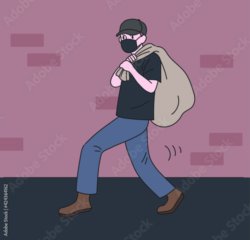A thief is running away by stealing something in a sack. hand drawn style vector design illustrations. 