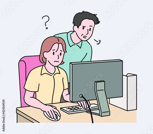 The female employee is working on the computer, and the boss is looking at her monitor and sighing. hand drawn style vector design illustrations. 