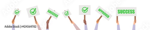 People holding posters with checkmark and success graphic vector illustration, crowd hands with poster set.
