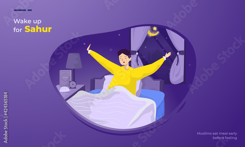 A man get up early for Sahur Ramadan illustration concept