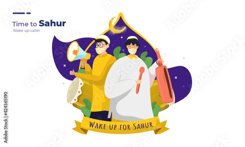 Illustration of wake up caller for Sahur Ramadan concept