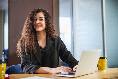Attractive young woman working on notebook in office © Svitlana