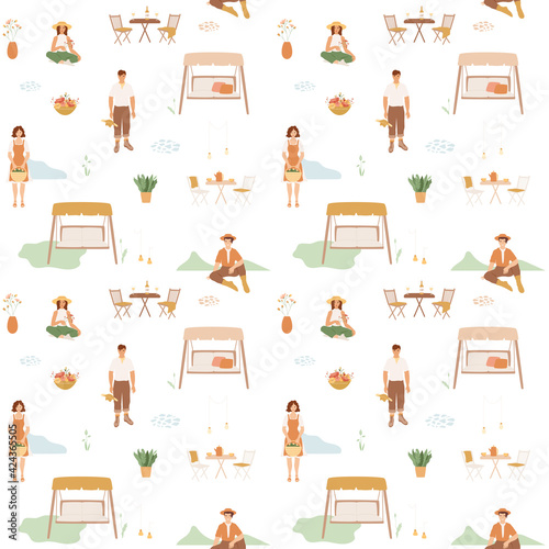 Beautiful people resting on the farm. Countryside vector illustration, seamless pattern. Cozy courtyards with garden furniture, swings, lanterns, flowers. Wine on the table, a day off in nature.