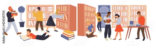 People looking for books in library or stores