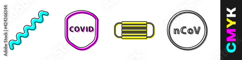 Set Virus, Shield protecting from virus, Medical protective mask and Corona virus 2019-nCoV icon. Vector