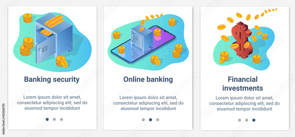 Modern flat illustrations in the form of a slider for web design. A set of UI and UX interfaces for the user interface.Secure online banking and financial investments.