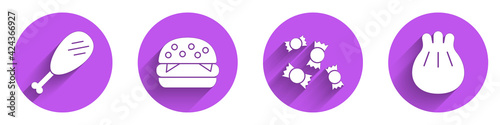 Set Chicken leg, Burger, Candy and Khinkali on cutting board icon with long shadow. Vector