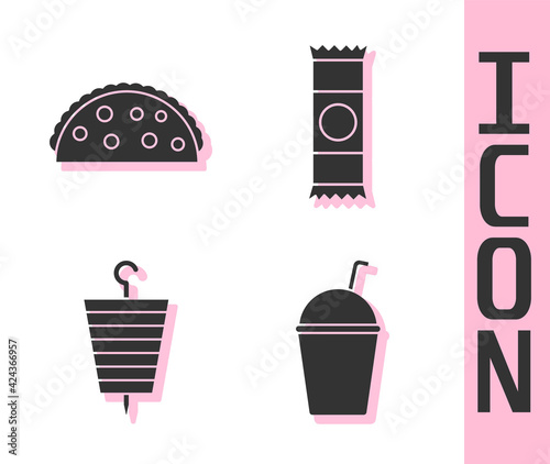 Set Milkshake, Taco with tortilla, Grilled shish kebab and Chocolate bar icon. Vector