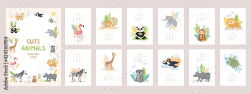 Calendar 2022 with cute wild baby animals in cartoon style. Set of 12 month vector illustrations, zoo characters design concept. Jungle leaves, plants isolated on white background. Cover and pages