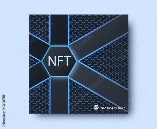NFT non-fungible token concept on polygonal abstract background. Vector dark banner with hexagon shapes with neon grid on backdrop and white non fungible token sign. Modern crypto art illustration