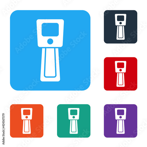White Digital contactless thermometer with infrared light icon isolated on white background. Set icons in color square buttons. Vector