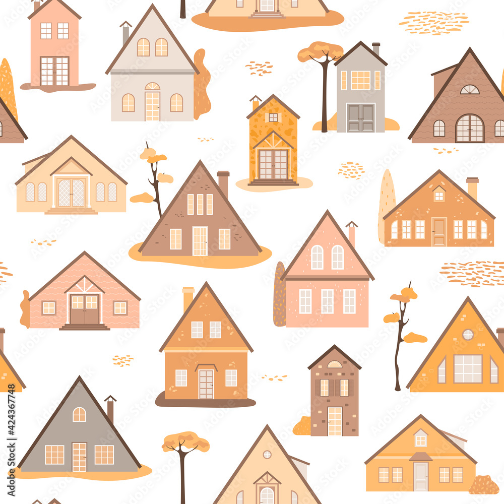 Village with cottages and suburban houses. Autumn urban landscape. Vector illustration, small town with trees. Seamless pattern for packaging, banner, prints isolated on white.