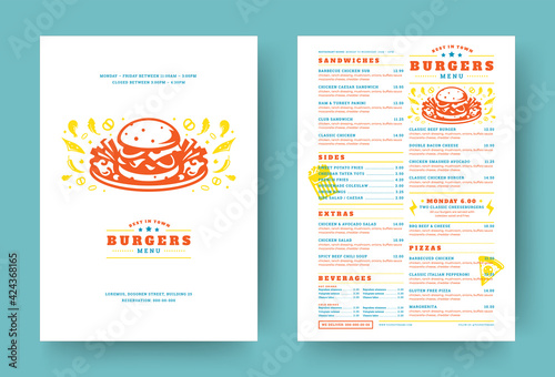 Burger restaurant menu layout design brochure or food flyer template vector illustration