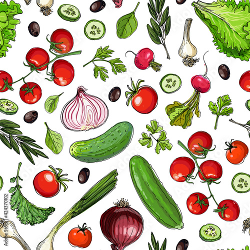 Vector vegetables food pattern on white background. Colored farm products.