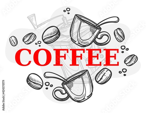 Coffee beans and cup with grinder on background