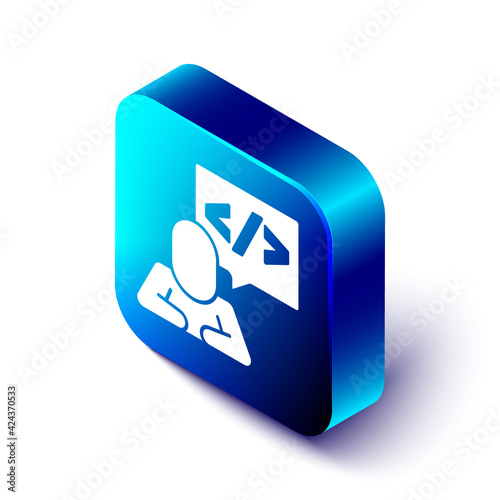 Isometric Web design and front end development icon isolated on white background. Blue square button. Vector