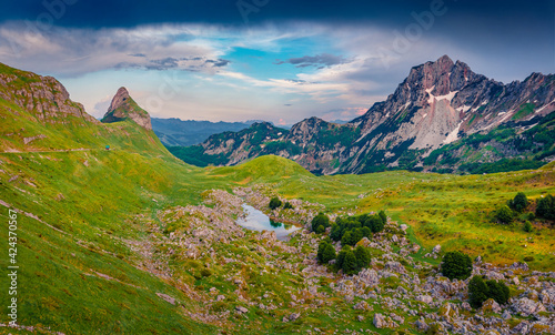 Beautiful summer scenery. Amazing morning view of mountain valley from Sedlo pass. Picturesque summer scene of Durmitor National Prk, Montenegro, Europe. Beauty of nature concept background..