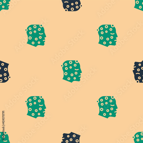 Green and black Face with psoriasis or eczema rash icon isolated seamless pattern on beige background. Concept of human skin response to allergen or chronic body problem. Vector