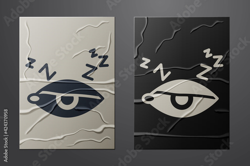 White Insomnia icon isolated on crumpled paper background. Sleep disorder with capillaries and pupils. Fatigue and stress. Paper art style. Vector