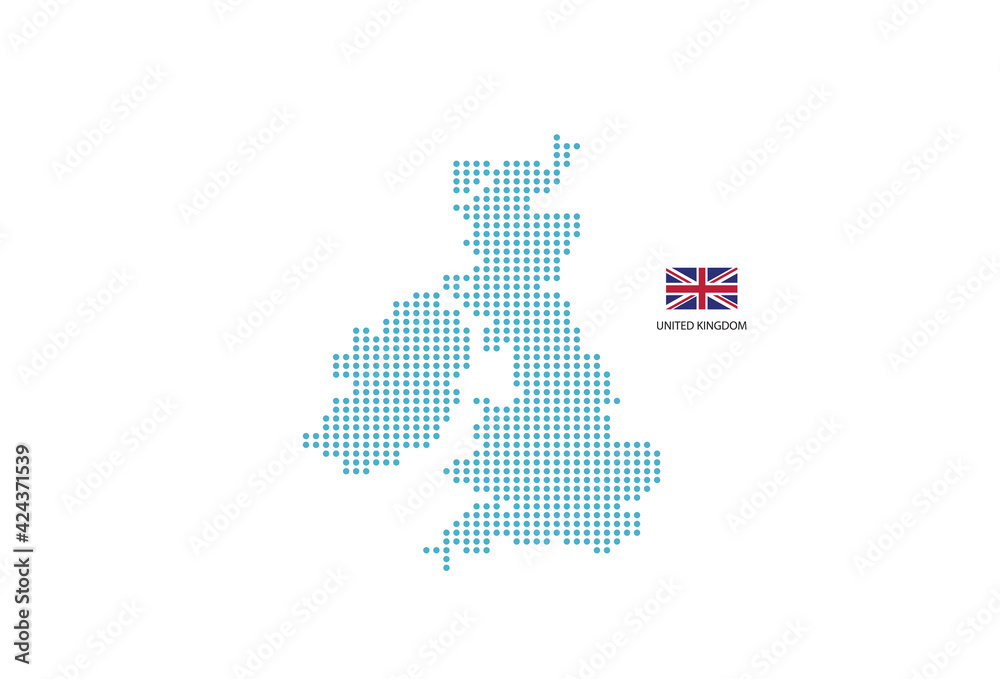 United Kingdom map design blue circle, white background with United Kingdom flag.