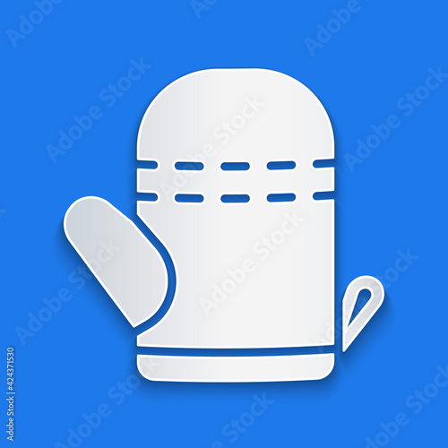 Paper cut Oven glove icon isolated on blue background. Kitchen potholder sign. Cooking glove. Paper art style. Vector