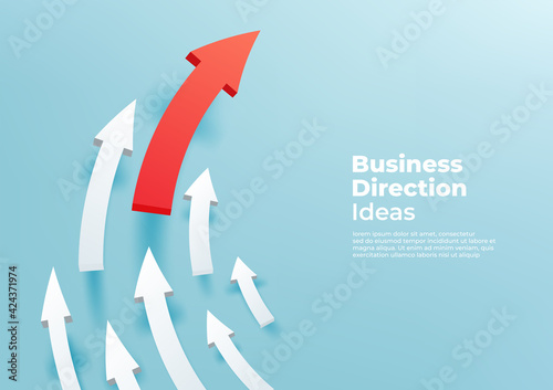 Curved white 3d arrows directed upwards, progress way and forward achievement creative concept. Red arrow up to growth success.