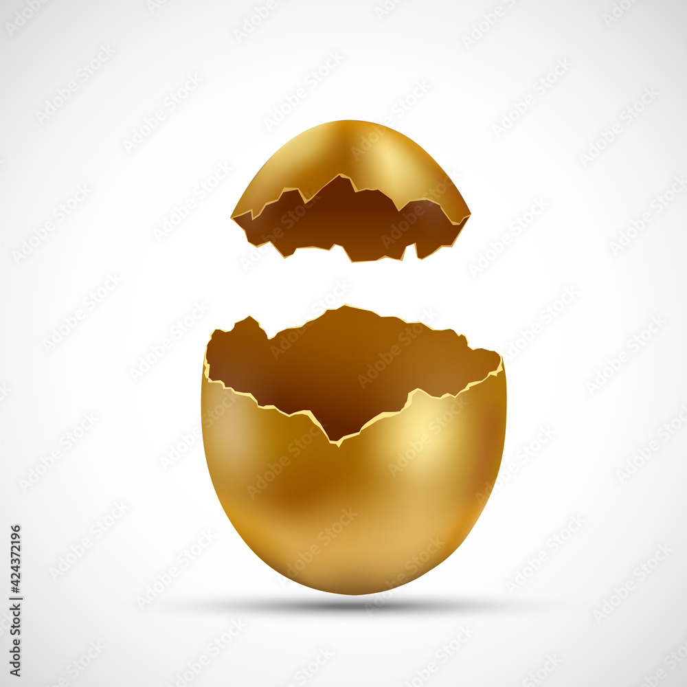 Golden egg with cracks. Isolated on white background. - obrazy, fototapety, plakaty 