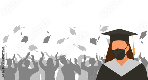 Graduate girl in medical protective mask and black graduation clothing on background of cheerful group of people throwing mortar boards. Vector illustration.