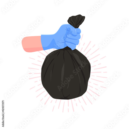 Hand was wearing blue gloves and was carrying a black garbage bag.