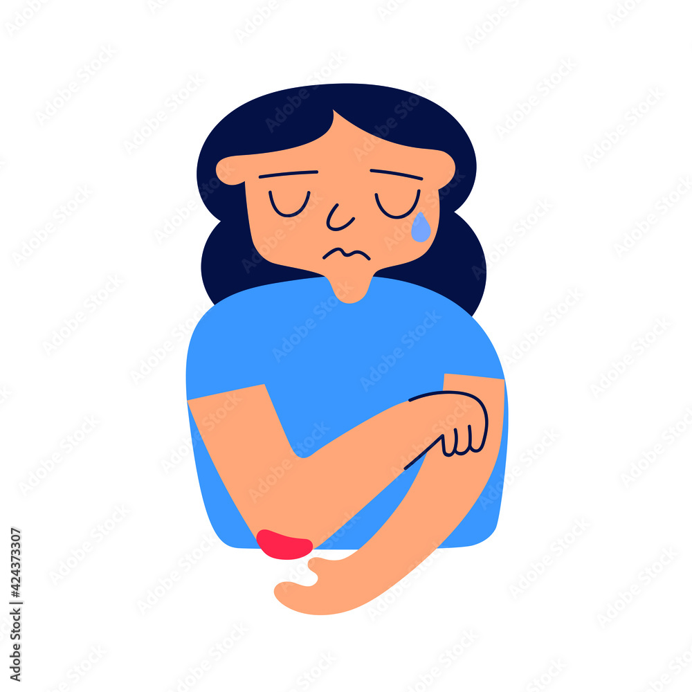 Little girl hurt elbow. Vector icon illustration on white background. Little girl hurt elbow. Vector icon illustration on white background.