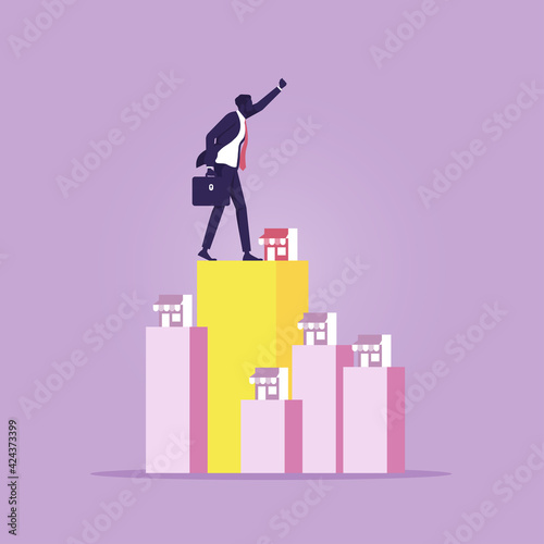 business franchise, businessman want to expand his business, Businessman on top of successful franchise. Franchise, trading network Concept
