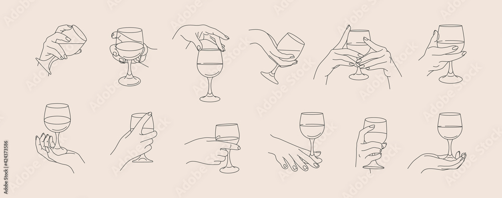 Set of Woman's Hands Holding a Wineglass of in Minimal Trendy Style . Vector Line Icons of Female Hands