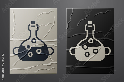 White Poison in bottle icon isolated on crumpled paper background. Bottle of poison or poisonous chemical toxin. Paper art style. Vector